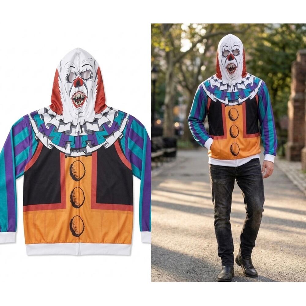 Pennywise IT Clown Halloween Full Zip Mask Hoodie Costume Medium